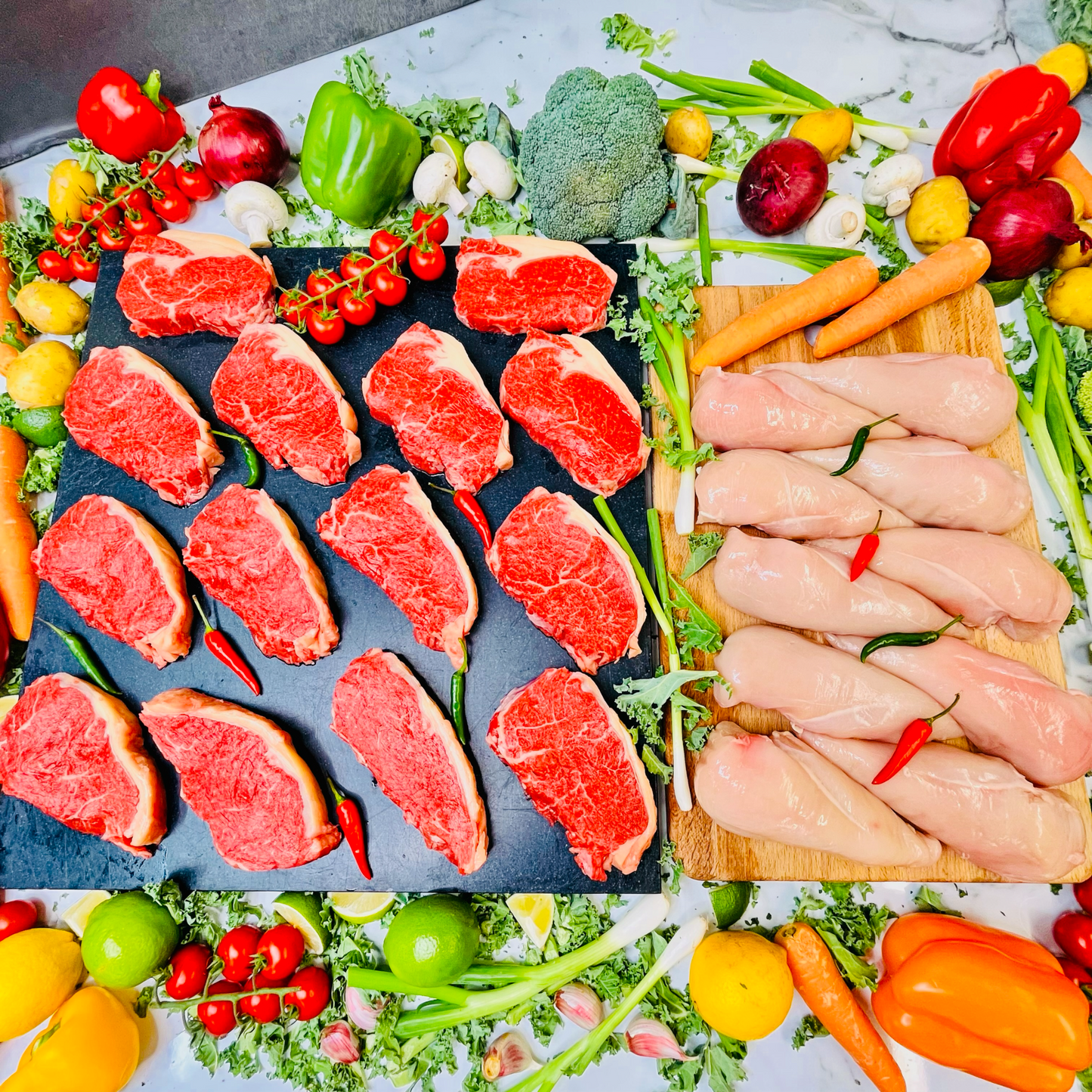 3kg Sirloin Steaks & 10 Fresh Chicken Fillets